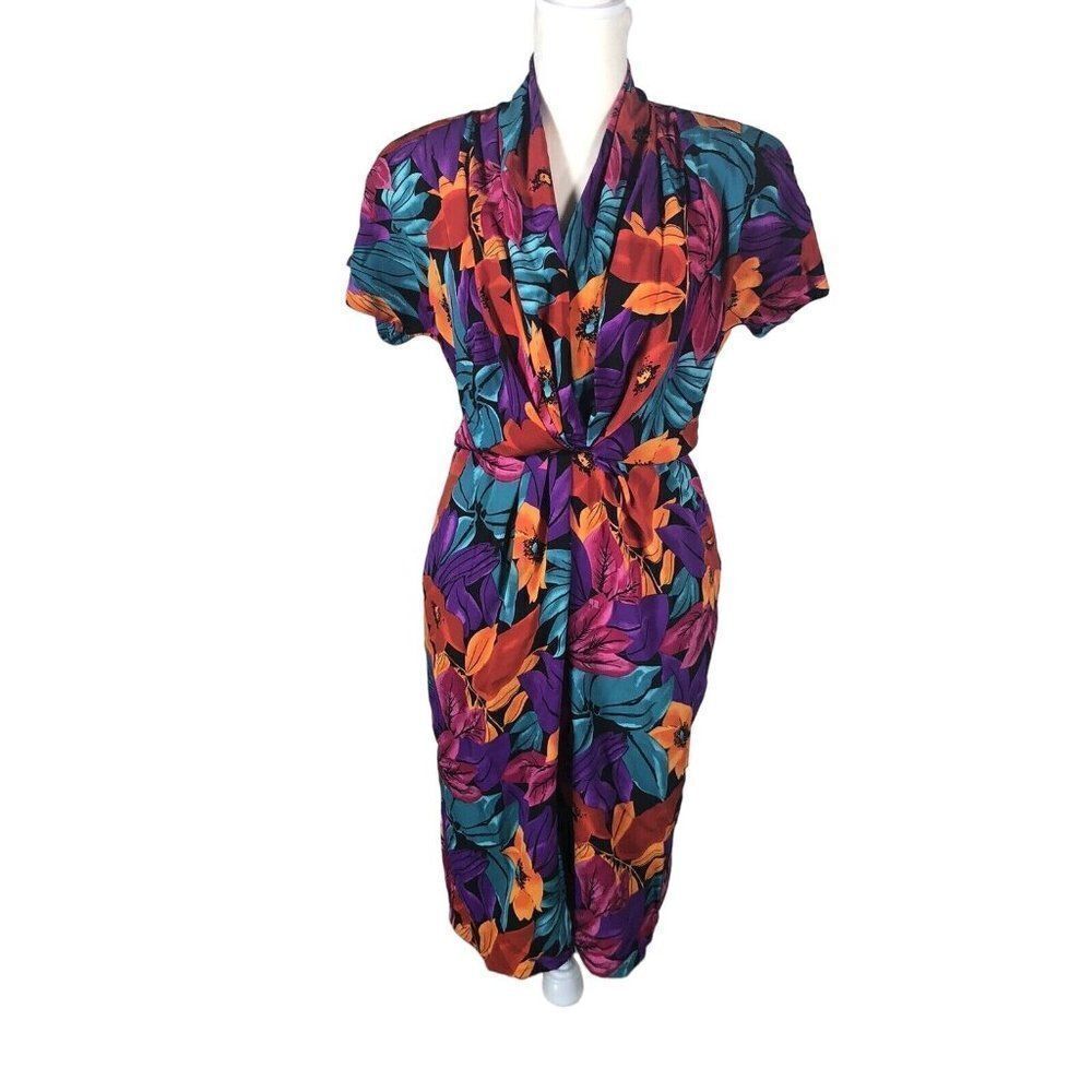 Vintage 80's Tess Dress S Bright Floral Print Blouson Turquoise Purple Sheath